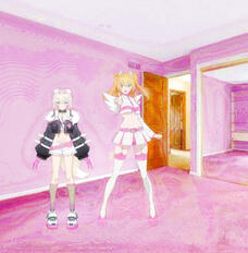 Picture of two anime girls (mococo abyssgard and liliel) standing in an empty pink room.